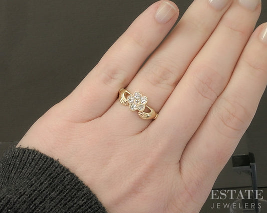 14k Yellow Gold OEC Natural Diamond Gimmel Claddagh Cluster Ring 3.5g p30495
