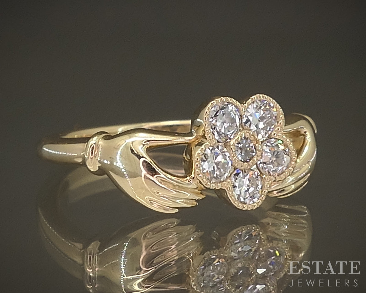 14k Yellow Gold OEC Natural Diamond Gimmel Claddagh Cluster Ring 3.5g p30495