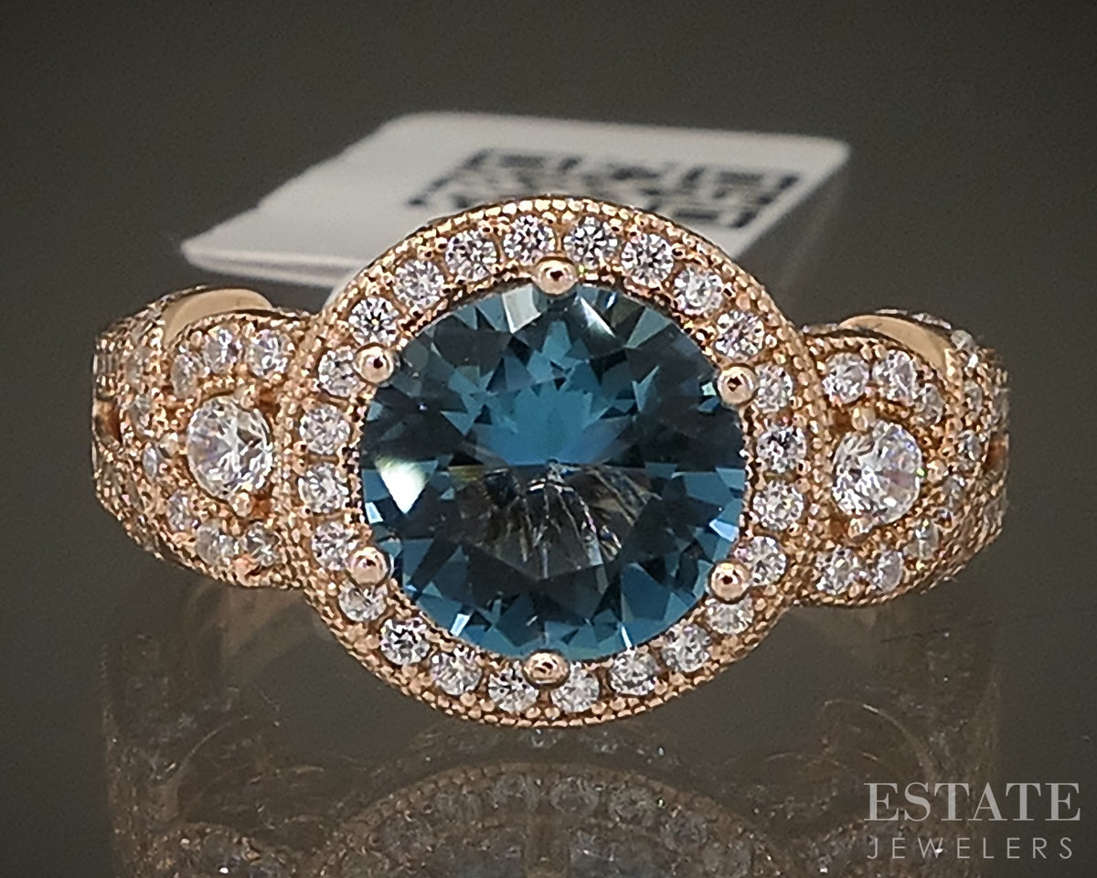 Silver Rose Sterling Suzy LeVian Blue & White CZ Halo Ladies Ring 4.7g p30449