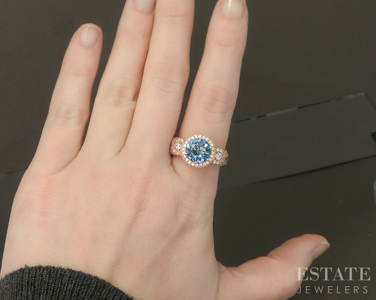 Silver Rose Sterling Suzy LeVian Blue & White CZ Halo Ladies Ring 4.7g p30449