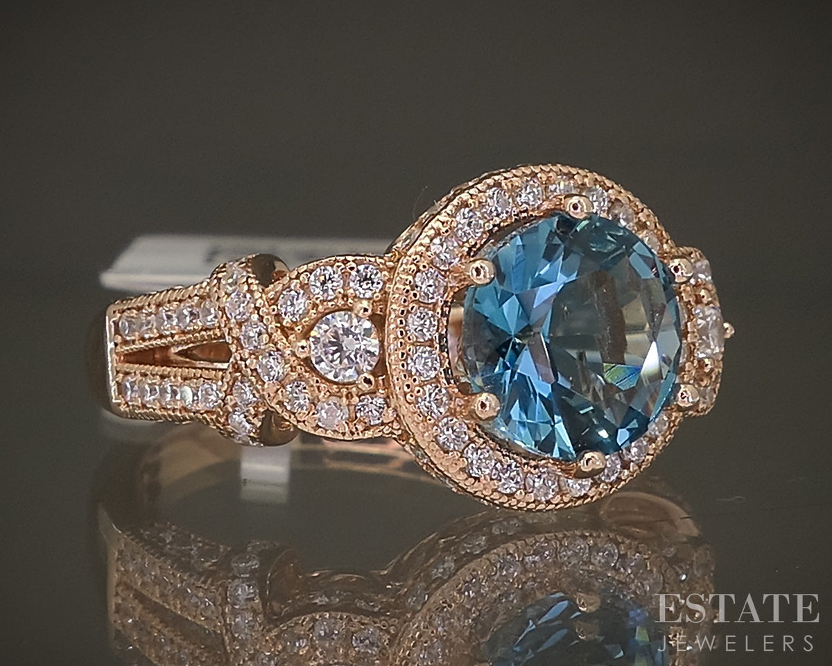 Silver Rose Sterling Suzy LeVian Blue & White CZ Halo Ladies Ring 4.7g p30449