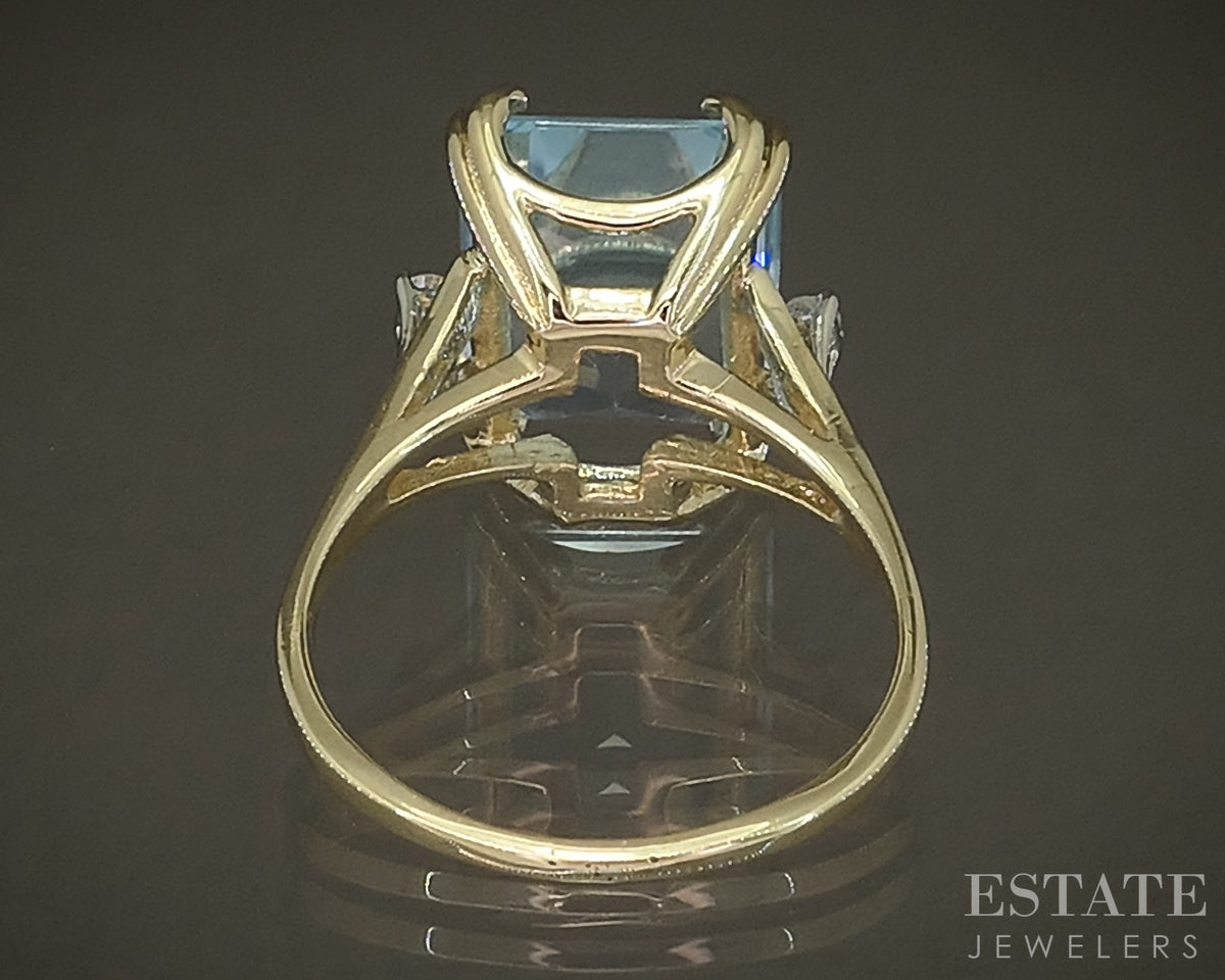 14k Yellow Gold Emerald Natural Blue Topaz & Diamond Ladies Ring 4.8g p30422