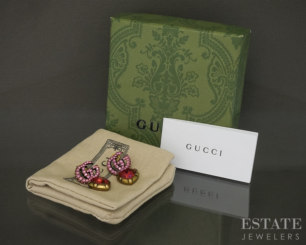 Vintage Gold Tone GUCCI Pink & Red Stone Heart Dangle Earrings p30178
