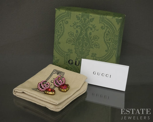 Vintage Gold Tone GUCCI Pink & Red Stone Heart Dangle Earrings p30178