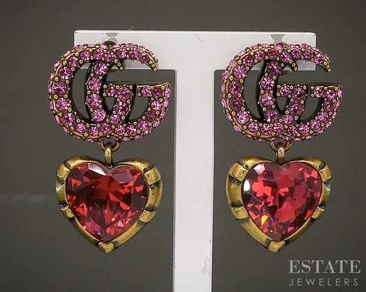 Vintage Gold Tone GUCCI Pink & Red Stone Heart Dangle Earrings p30178