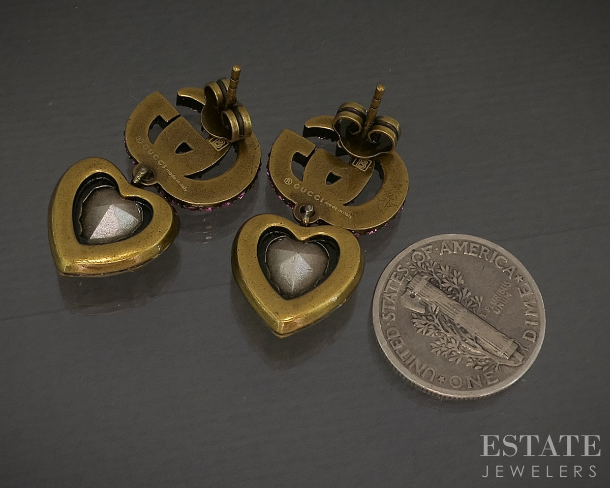 Vintage Gold Tone GUCCI Pink & Red Stone Heart Dangle Earrings p30178