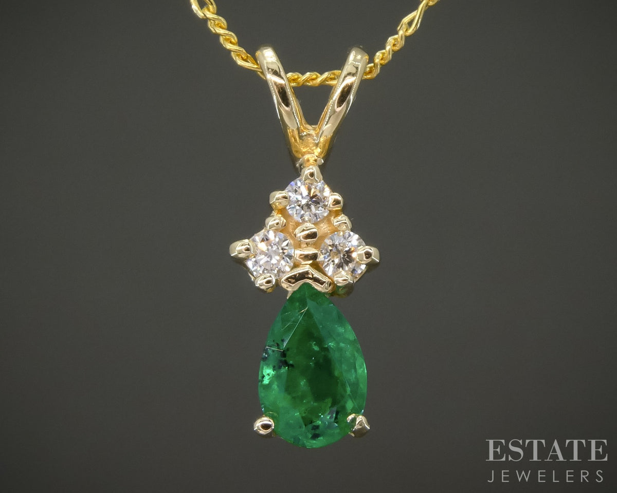 14k Yellow Gold Natural Emerald & Diamond Ladies Necklace 1.8g 18"L p28027b