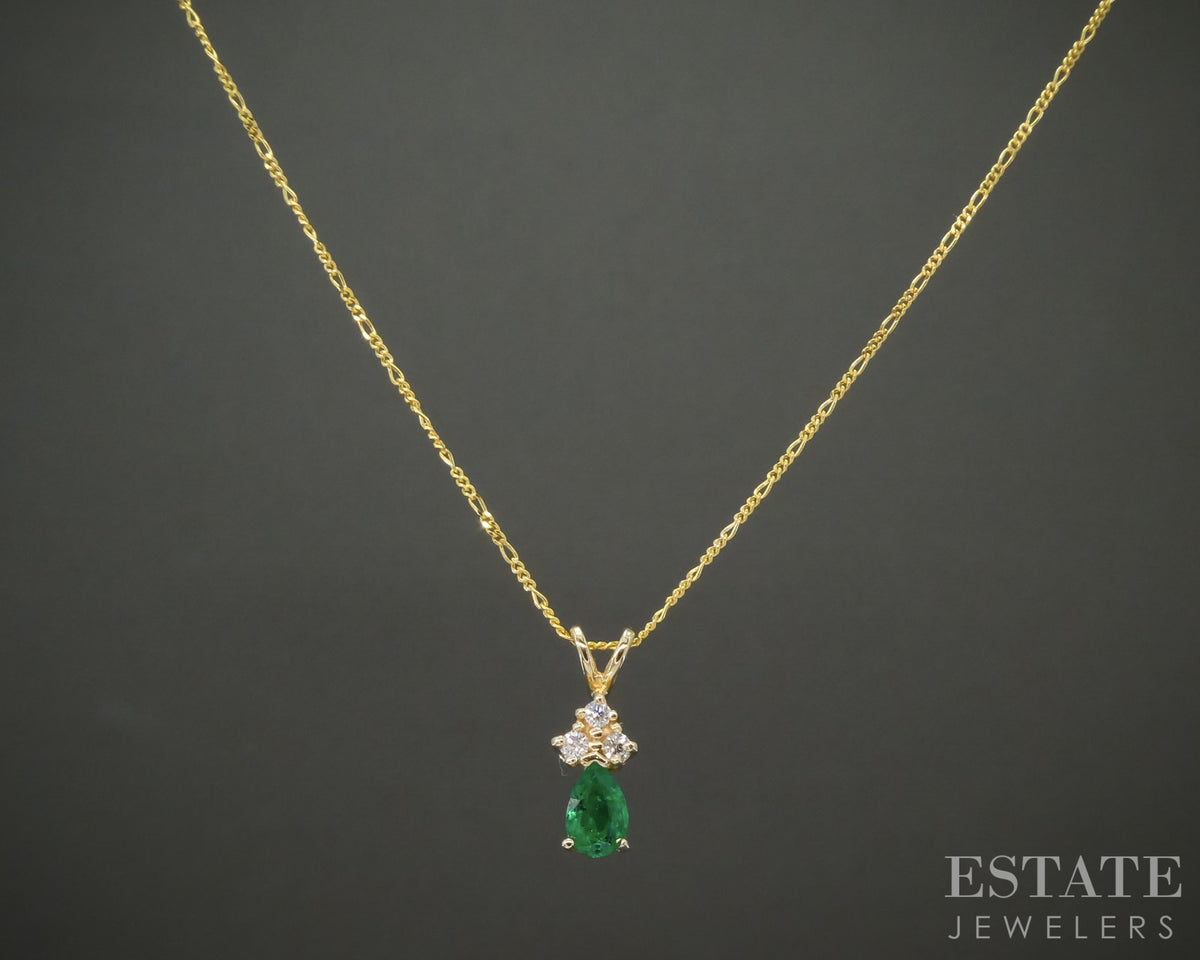 14k Yellow Gold Natural Emerald & Diamond Ladies Necklace 1.8g 18"L p28027b