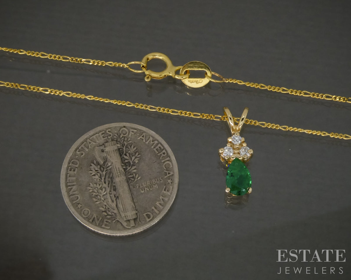 14k Yellow Gold Natural Emerald & Diamond Ladies Necklace 1.8g 18"L p28027b