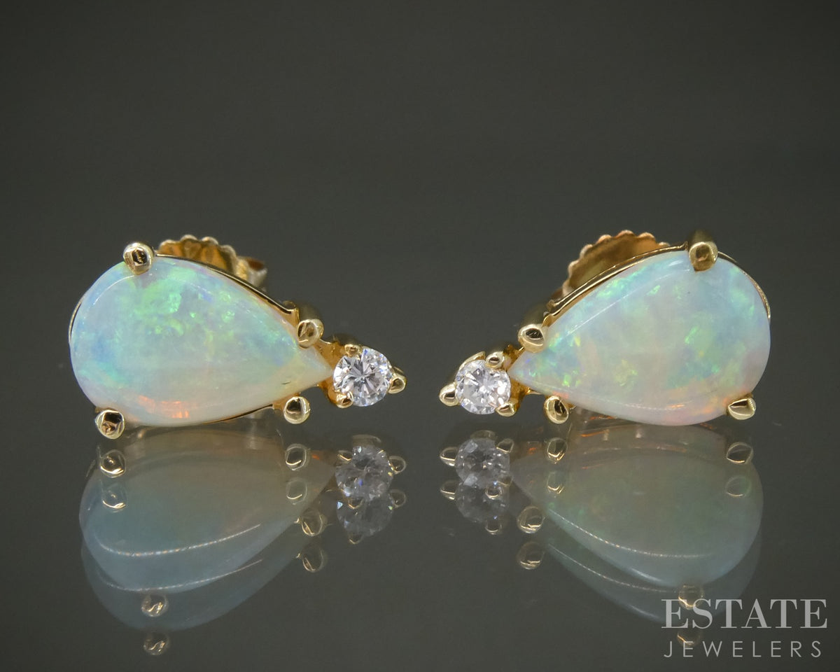14k Yellow Gold Natural Opal & Diamond Ladies Stud Earrings 1.7g p28028b
