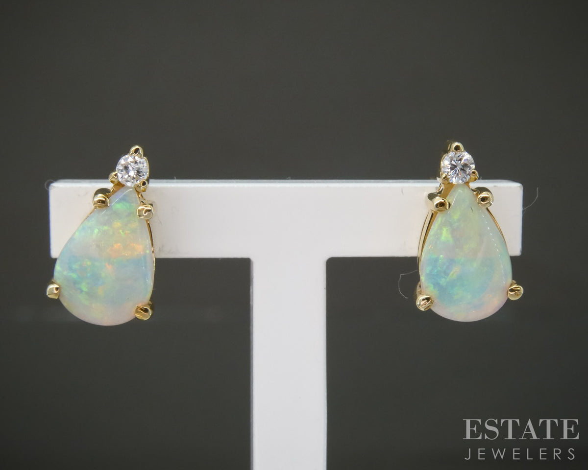 14k Yellow Gold Natural Opal & Diamond Ladies Stud Earrings 1.7g p28028b
