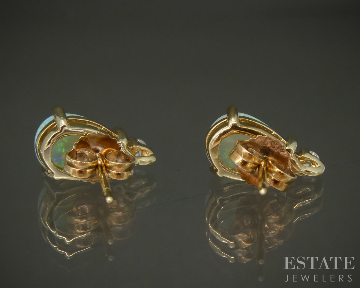 14k Yellow Gold Natural Opal & Diamond Ladies Stud Earrings 1.7g p28028b