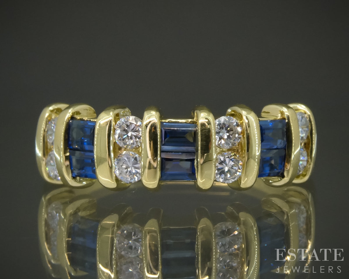 18k Yellow Gold Natural Blue Sapphire & Diamond Ladies Band Ring 6.1g p28787b