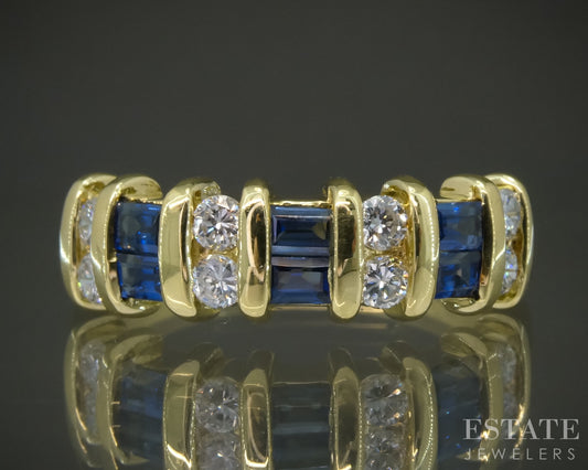 18k Yellow Gold Natural Blue Sapphire & Diamond Ladies Band Ring 6.1g p28787b