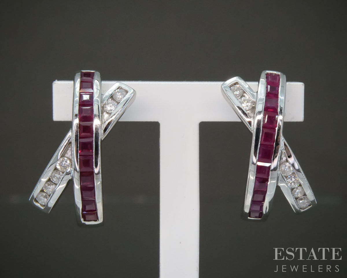 14k White Gold Natural Ruby & Diamond X Ladies Earrings 4.3g p28095b