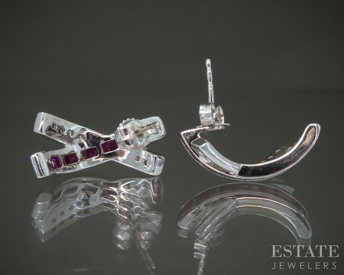 14k White Gold Natural Ruby & Diamond X Ladies Earrings 4.3g p28095b