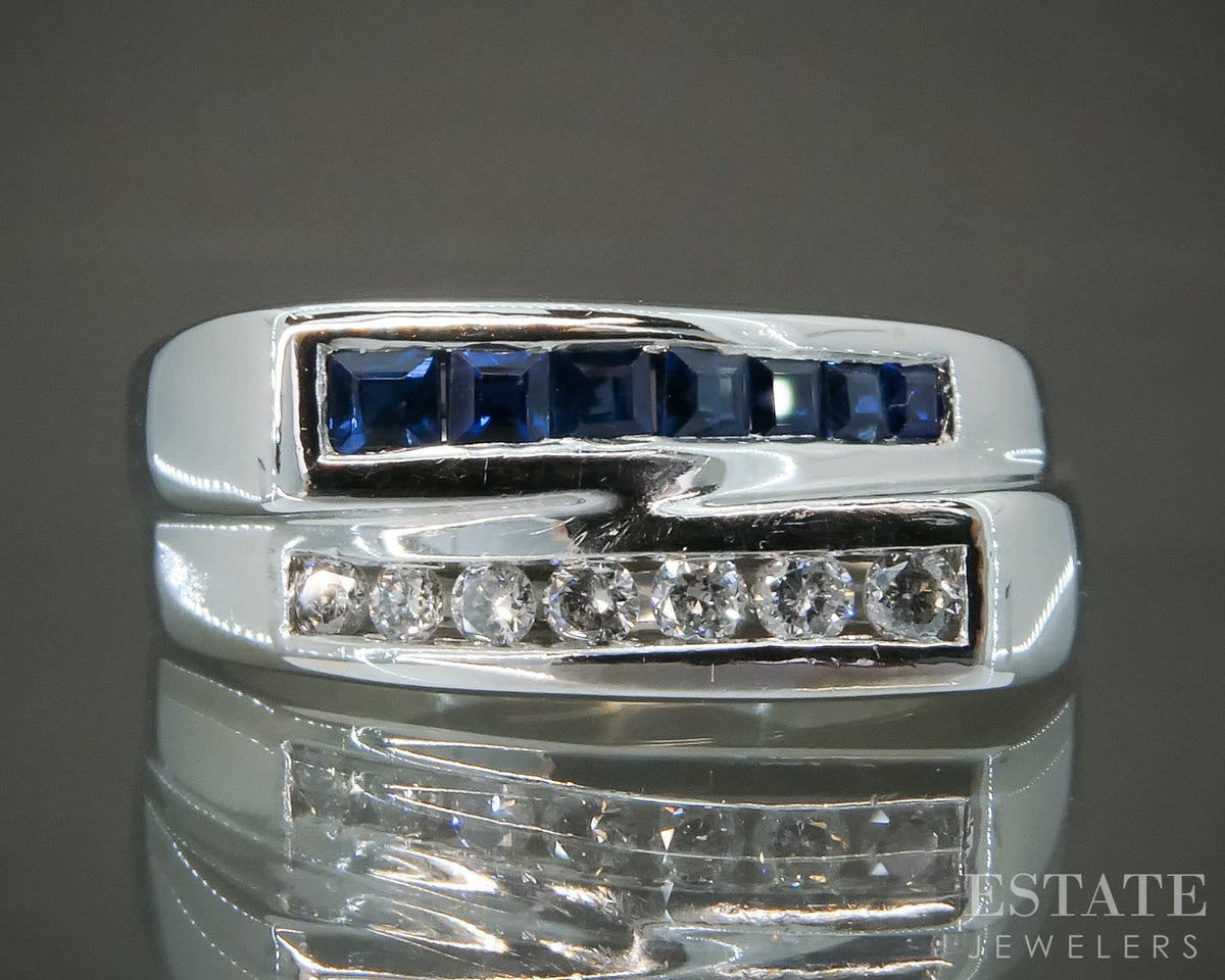 14k White Gold Natural Blue Sapphire & Diamond Ladies Band Ring 6.2g p27861b