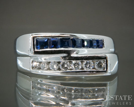 14k White Gold Natural Blue Sapphire & Diamond Ladies Band Ring 6.2g p27861b