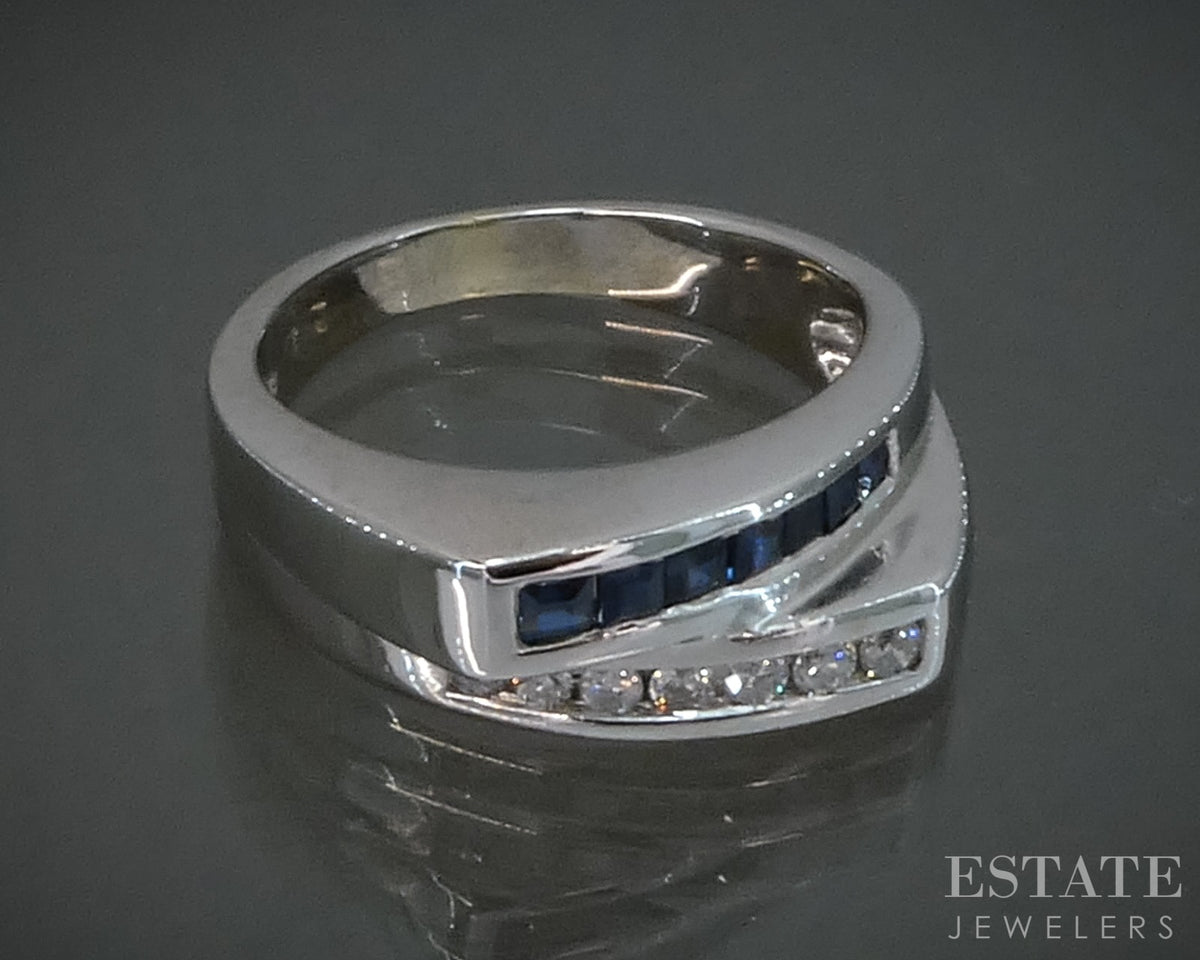 14k White Gold Natural Blue Sapphire & Diamond Ladies Band Ring 6.2g p27861b
