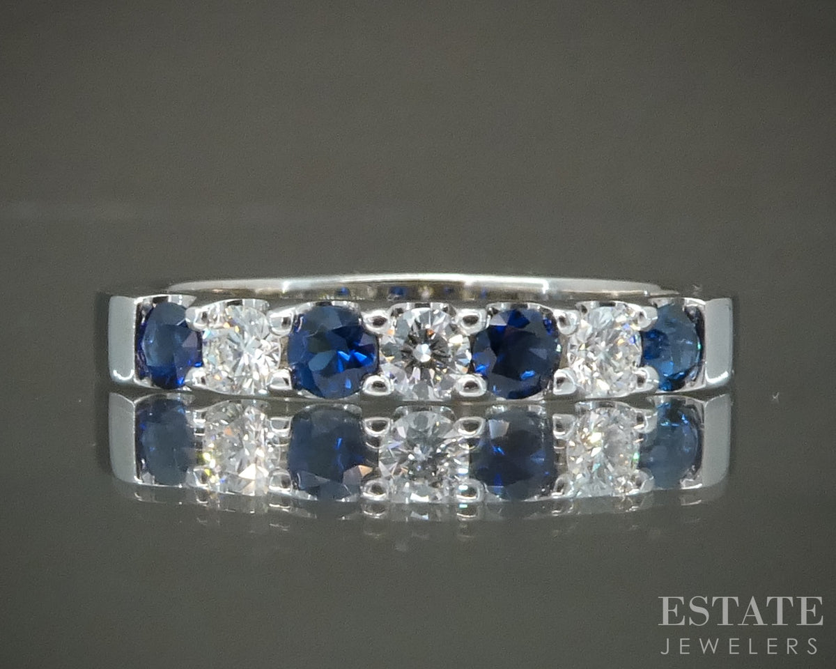 14k White Gold Blue Sapphire & Diamond Ladies Band Ring 4g p29230b