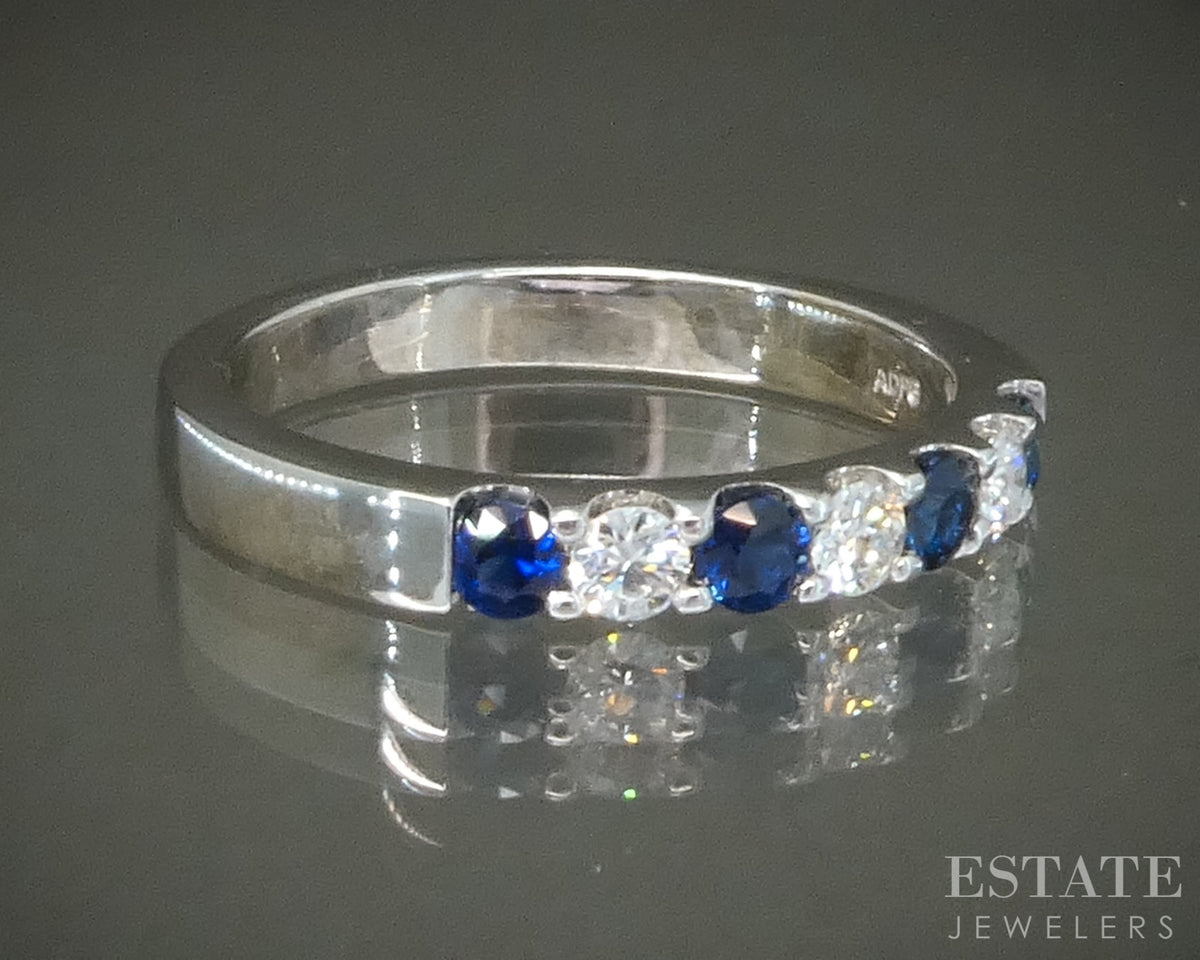 14k White Gold Blue Sapphire & Diamond Ladies Band Ring 4g p29230b