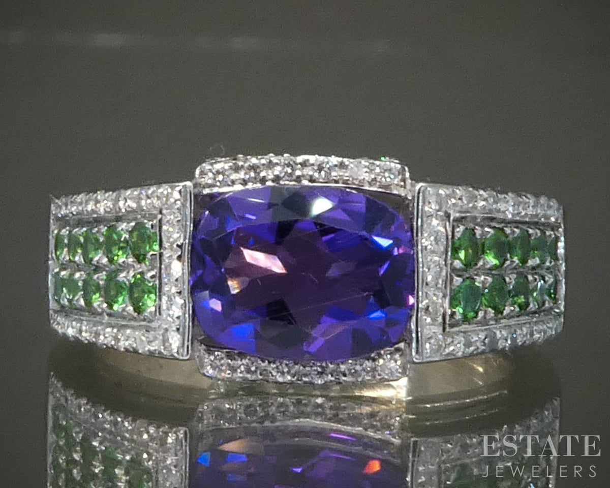 14k White Gold Natural Amethyst Tsavorite Garnet & Diamond Ring 8.6g p29532b