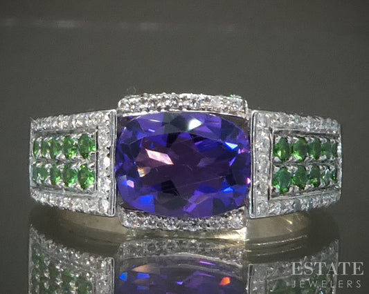 14k White Gold Natural Amethyst Tsavorite Garnet & Diamond Ring 8.6g p29532b