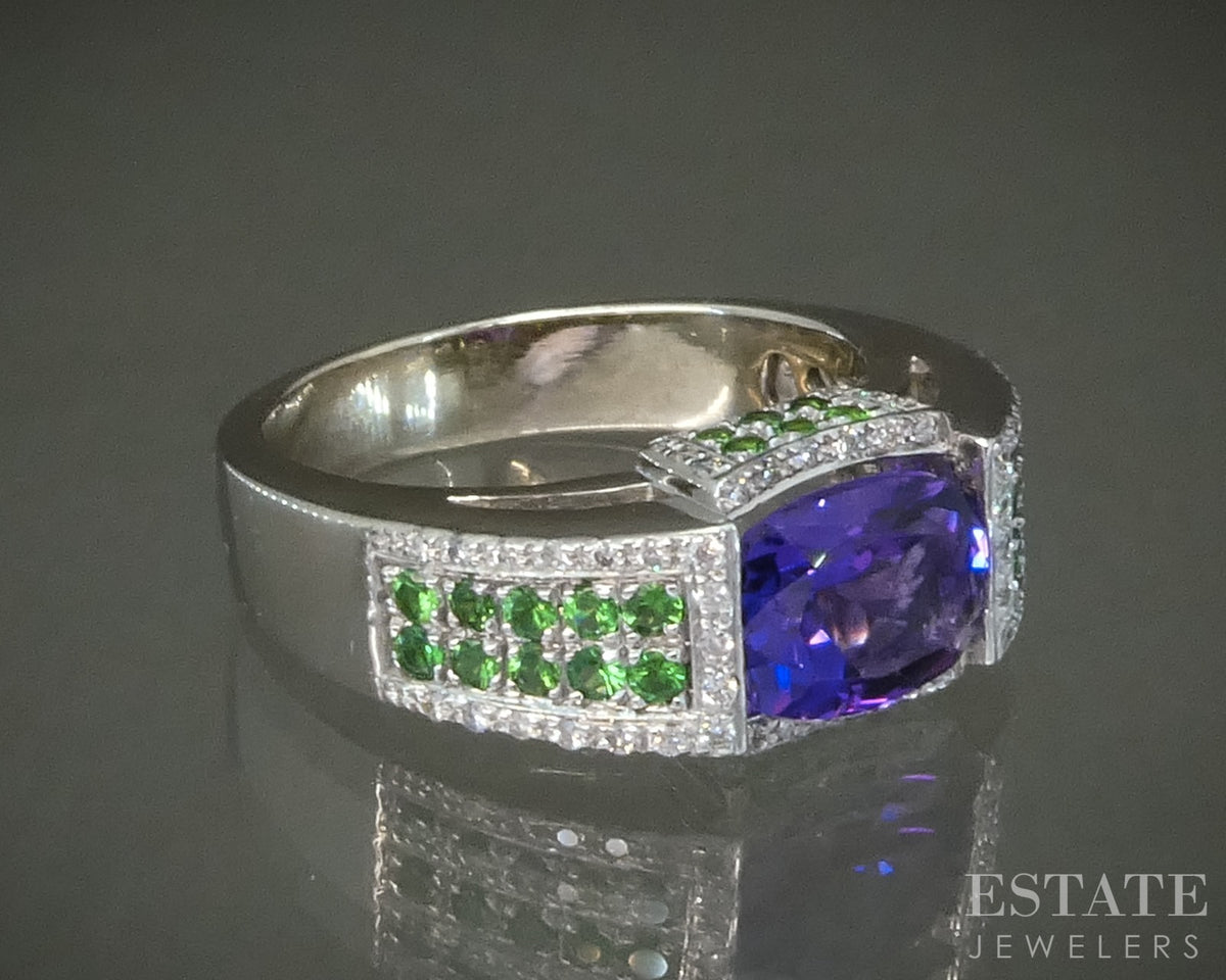 14k White Gold Natural Amethyst Tsavorite Garnet & Diamond Ring 8.6g p29532b