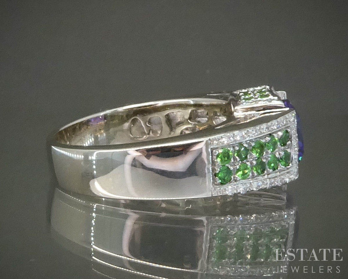 14k White Gold Natural Amethyst Tsavorite Garnet & Diamond Ring 8.6g p29532b