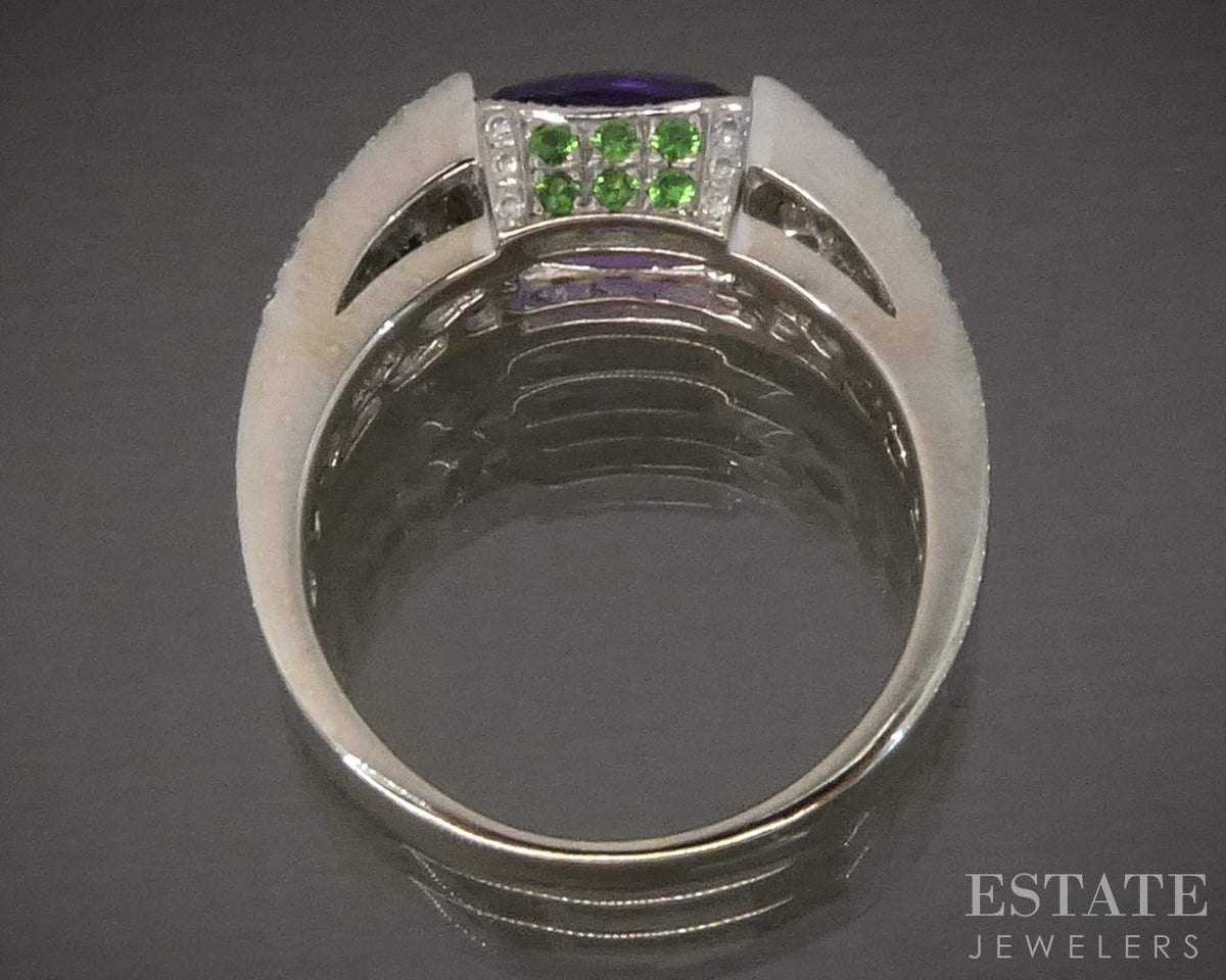 14k White Gold Natural Amethyst Tsavorite Garnet & Diamond Ring 8.6g p29532b