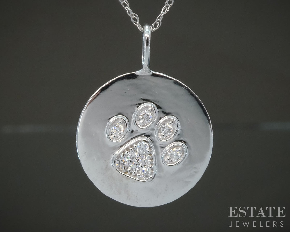 10k White Gold Lab Diamond Dog Pet Paw Print Pendant Necklace p32510