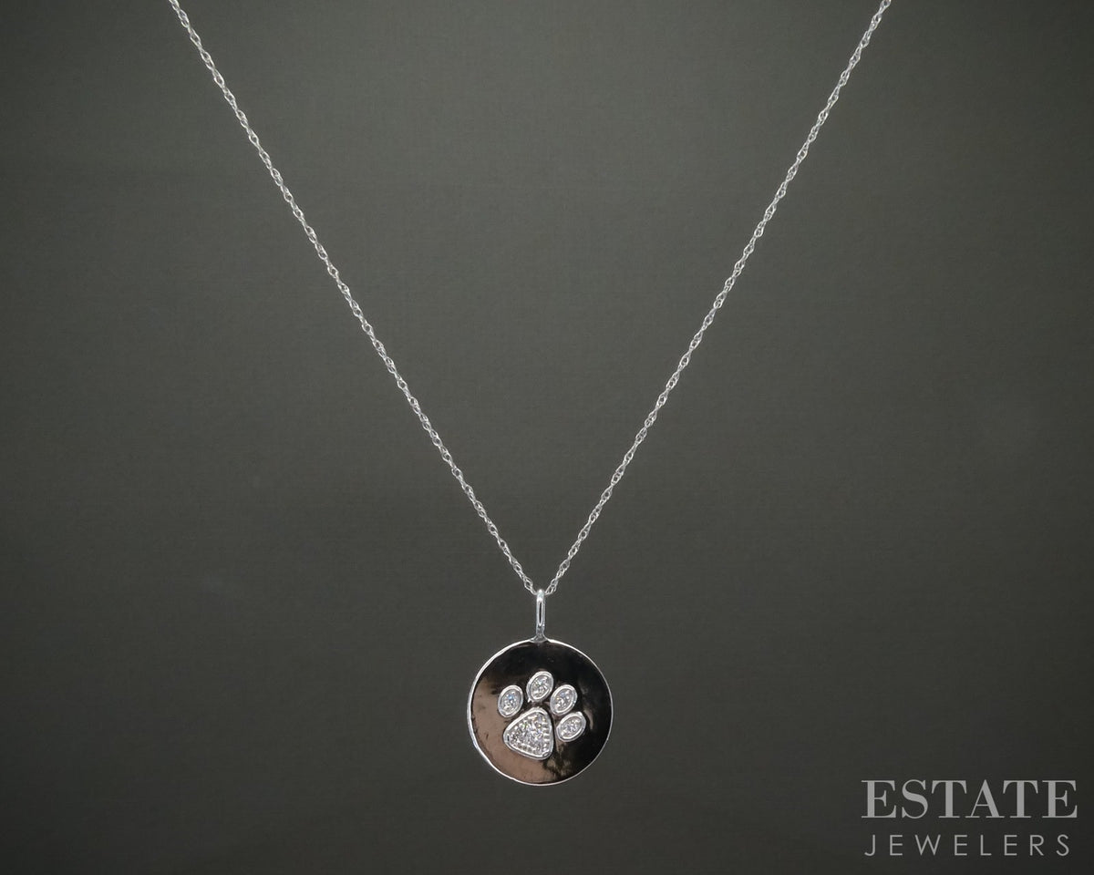 10k White Gold Lab Diamond Dog Pet Paw Print Pendant Necklace p32510