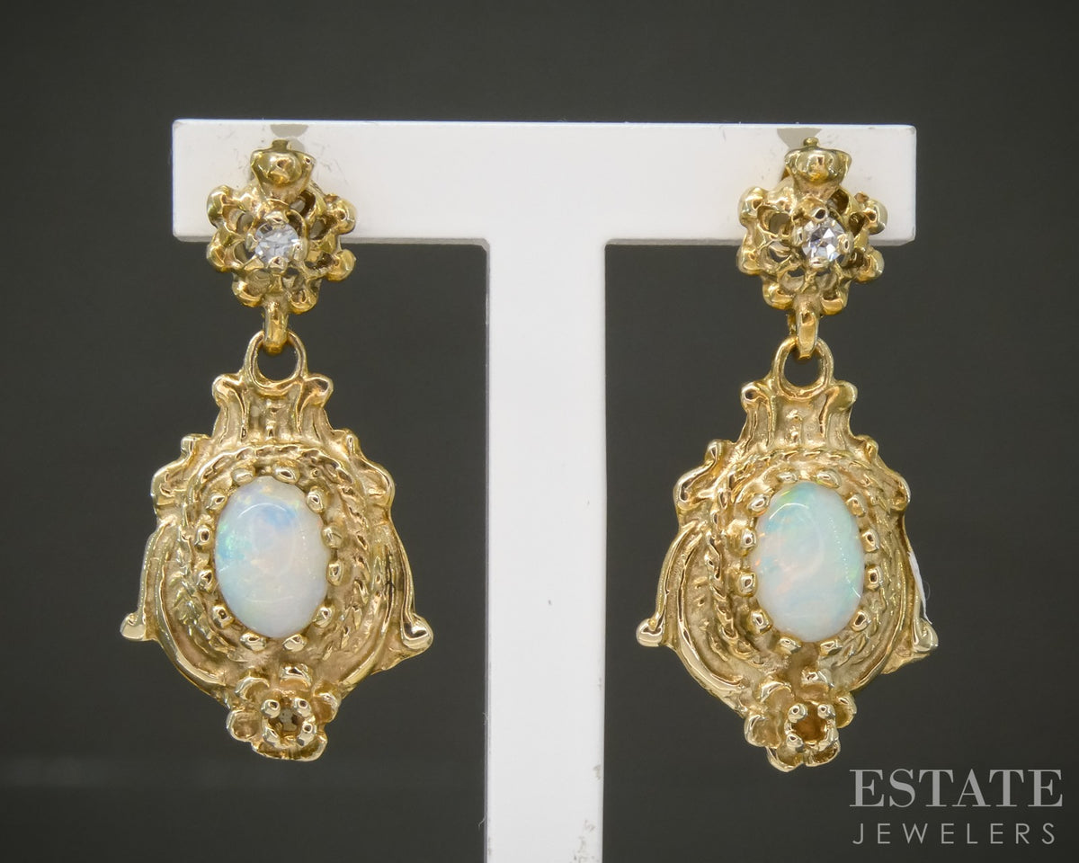 Vintage 14k Yellow Gold Natural Opal & Diamond Dangle Earrings 4.8g p27670