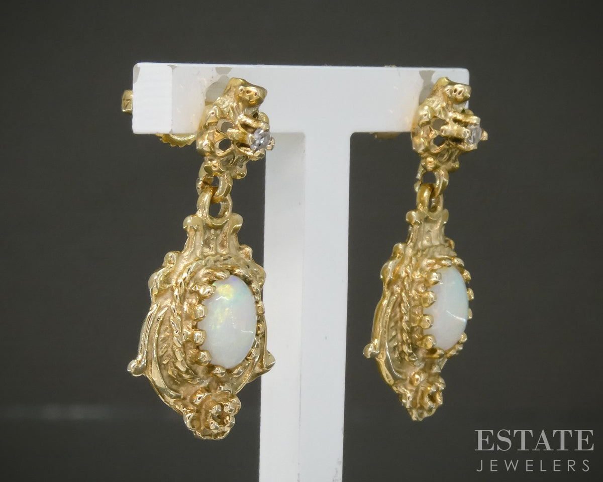 Vintage 14k Yellow Gold Natural Opal & Diamond Dangle Earrings 4.8g p27670
