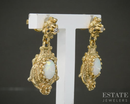 Vintage 14k Yellow Gold Natural Opal & Diamond Dangle Earrings 4.8g p27670