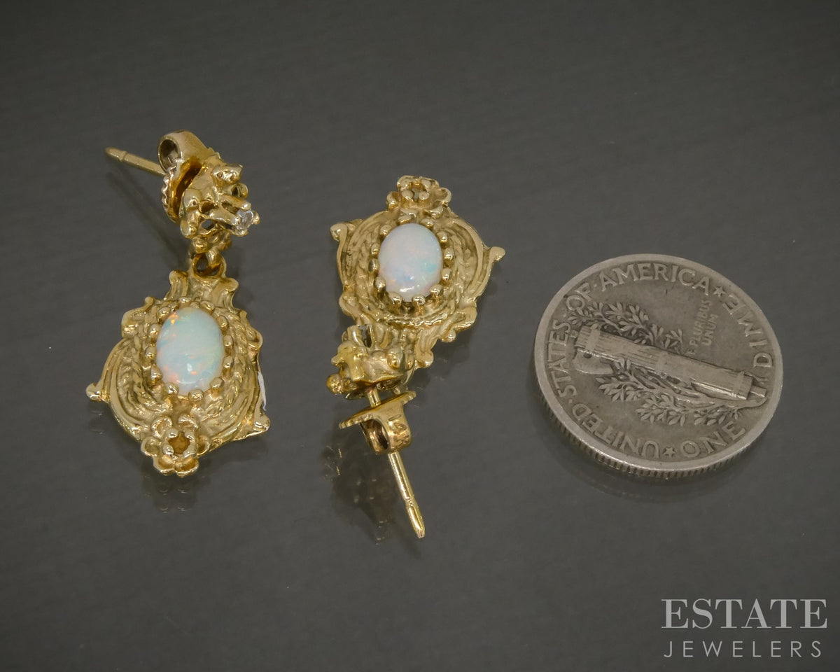 Vintage 14k Yellow Gold Natural Opal & Diamond Dangle Earrings 4.8g p27670