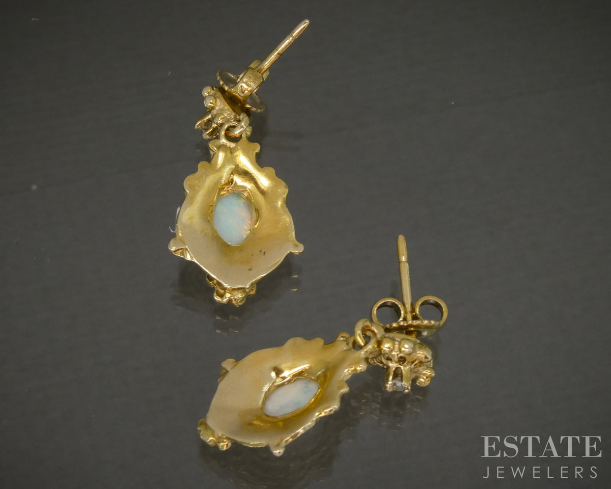 Vintage 14k Yellow Gold Natural Opal & Diamond Dangle Earrings 4.8g p27670