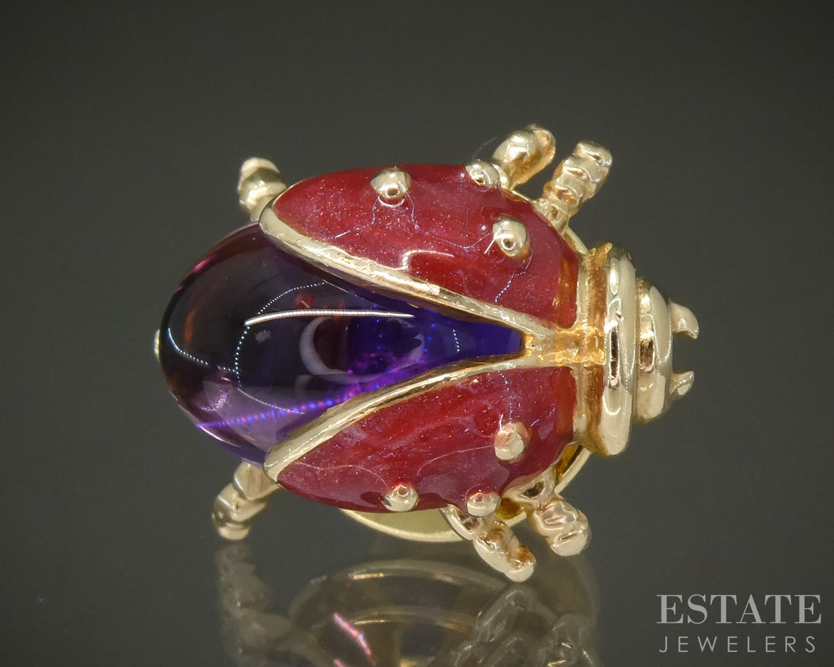 14k Yellow Gold EFFY Natural Amethyst Enameled Ladybug Pin 3.1g p30778