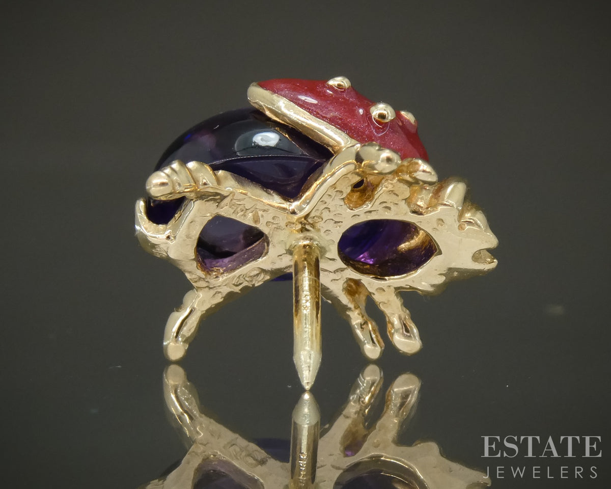 14k Yellow Gold EFFY Natural Amethyst Enameled Ladybug Pin 3.1g p30778