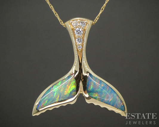 14k Yellow Gold Kabana Opal & Diamond Whale Tail Necklace 4.4g 19"L p28025