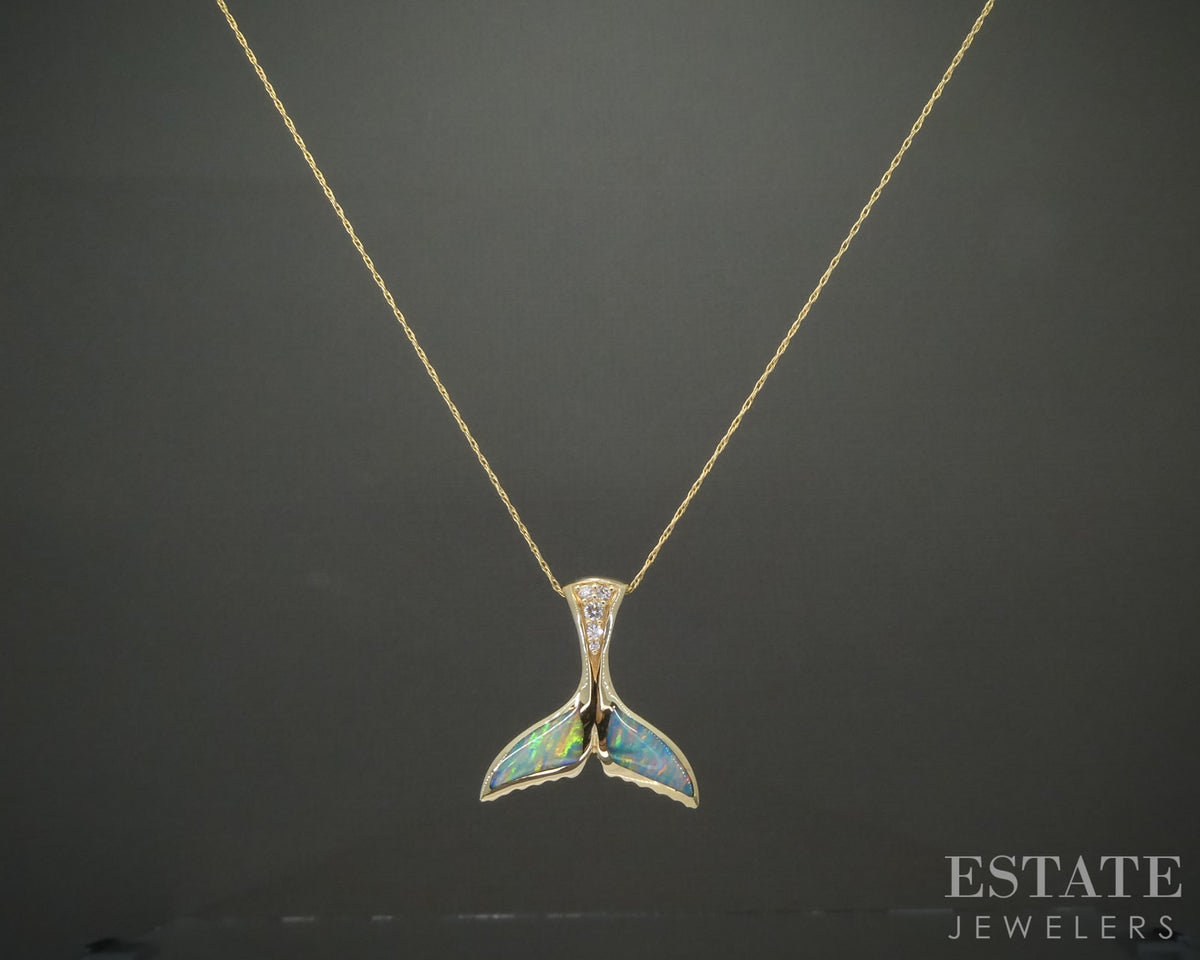14k Yellow Gold Kabana Opal & Diamond Whale Tail Necklace 4.4g 19"L p28025