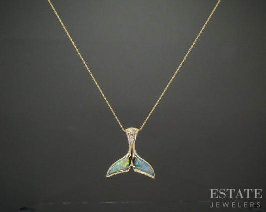 14k Yellow Gold Kabana Opal & Diamond Whale Tail Necklace 4.4g 19"L p28025