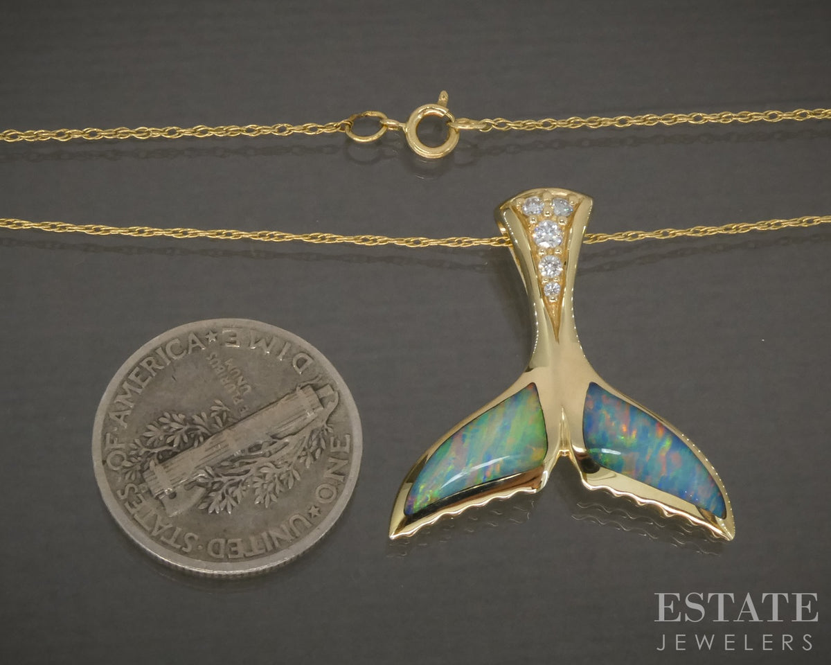 14k Yellow Gold Kabana Opal & Diamond Whale Tail Necklace 4.4g 19"L p28025