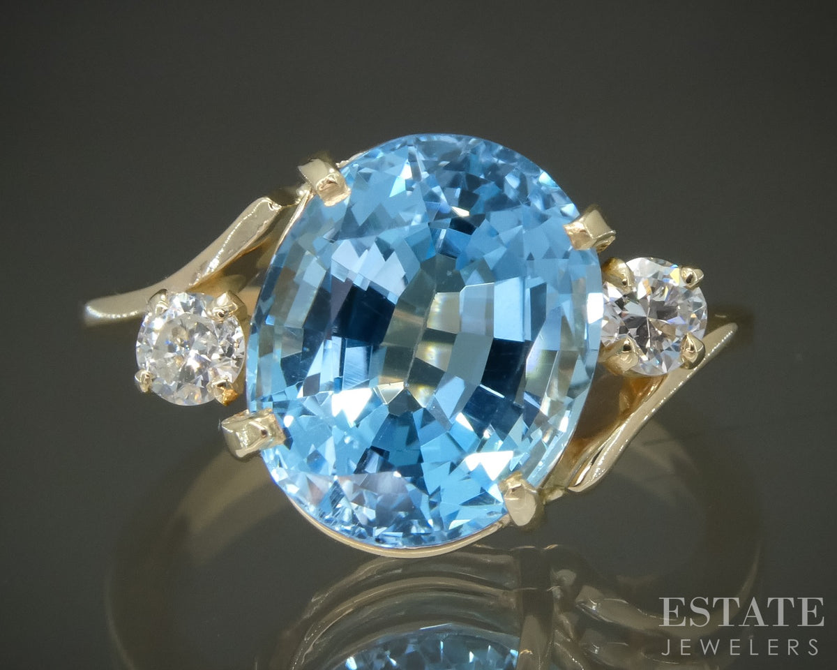 14k Yellow Gold Oval Natural Blue Topaz & Diamond Ladies Ring 4g p28701