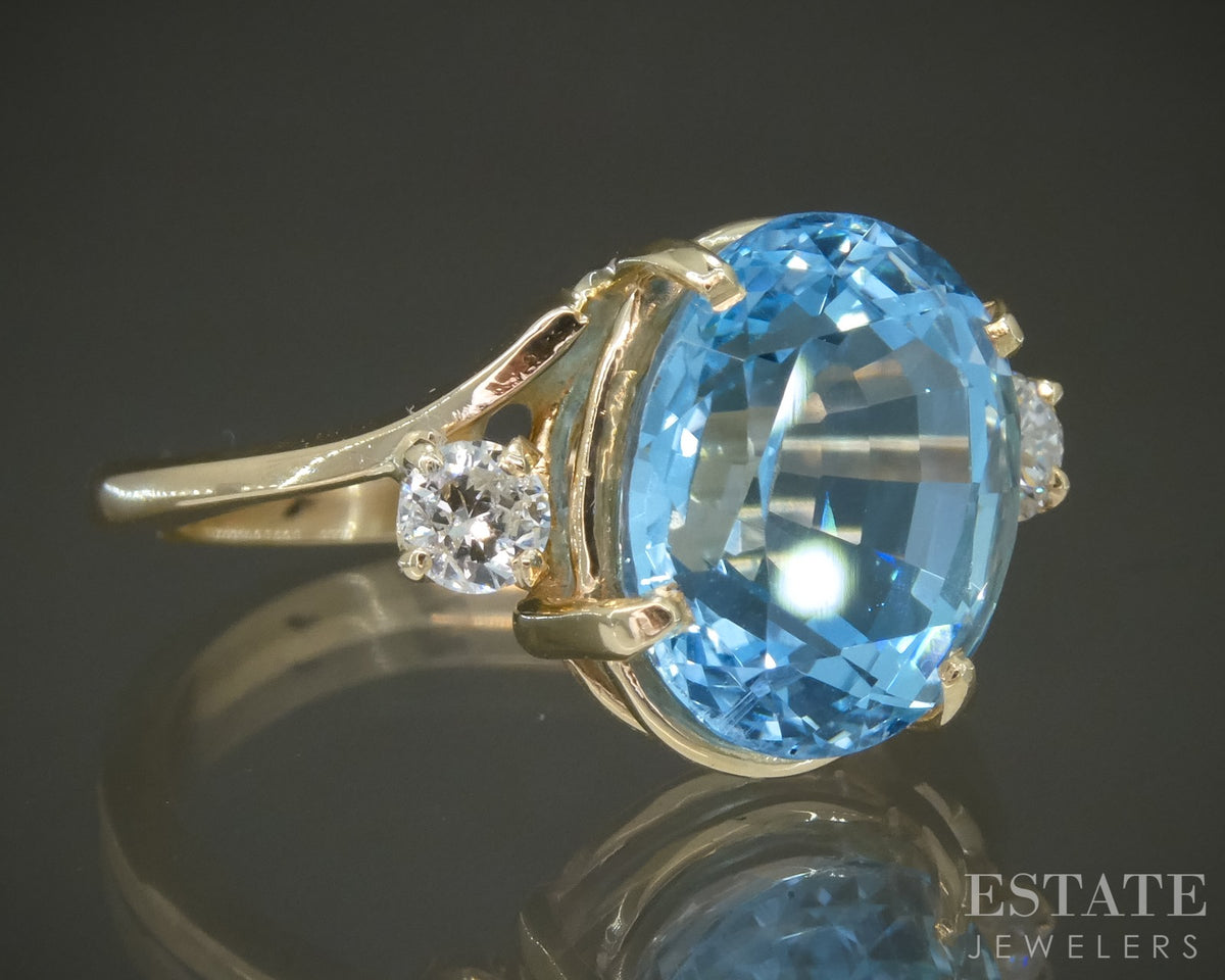 14k Yellow Gold Oval Natural Blue Topaz & Diamond Ladies Ring 4g p28701