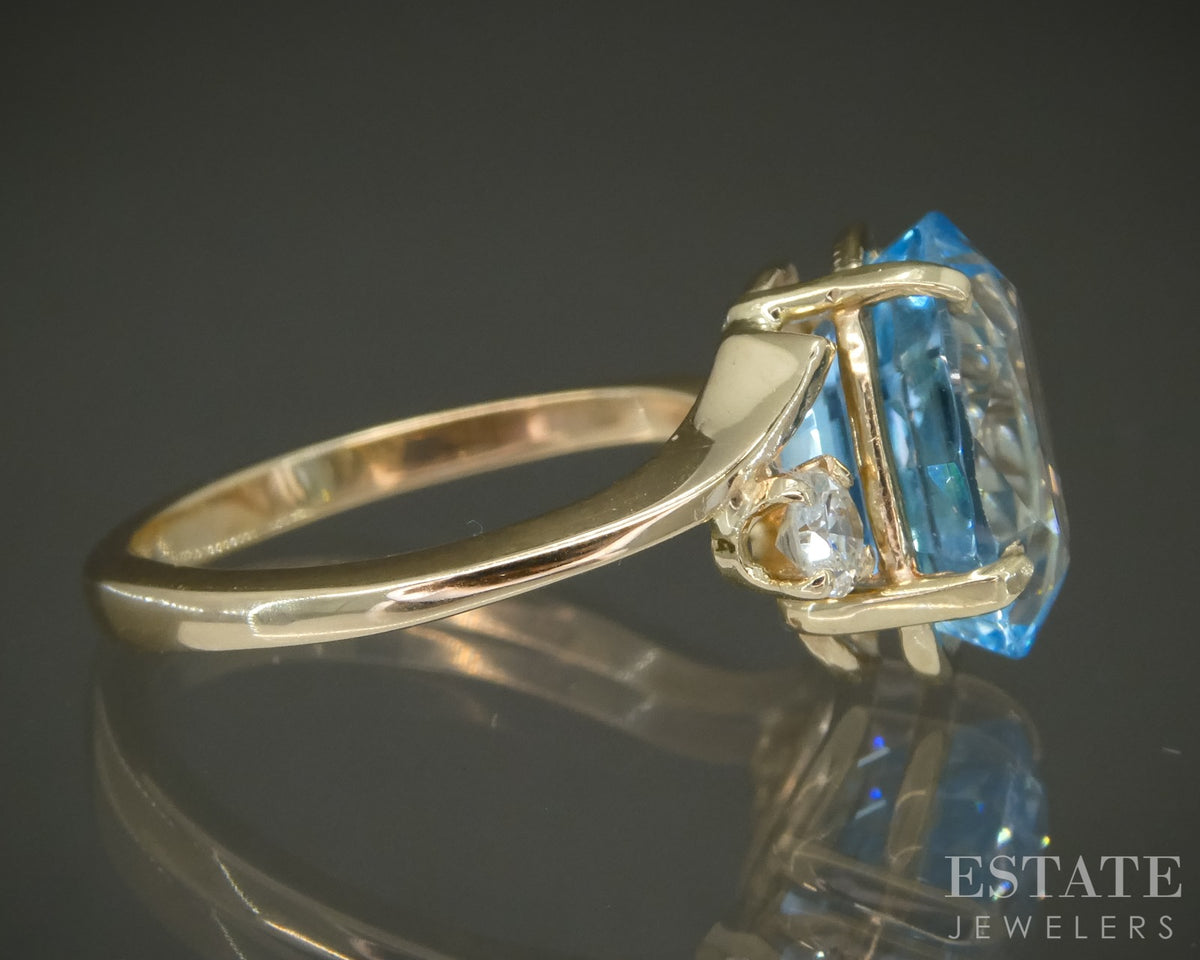 14k Yellow Gold Oval Natural Blue Topaz & Diamond Ladies Ring 4g p28701