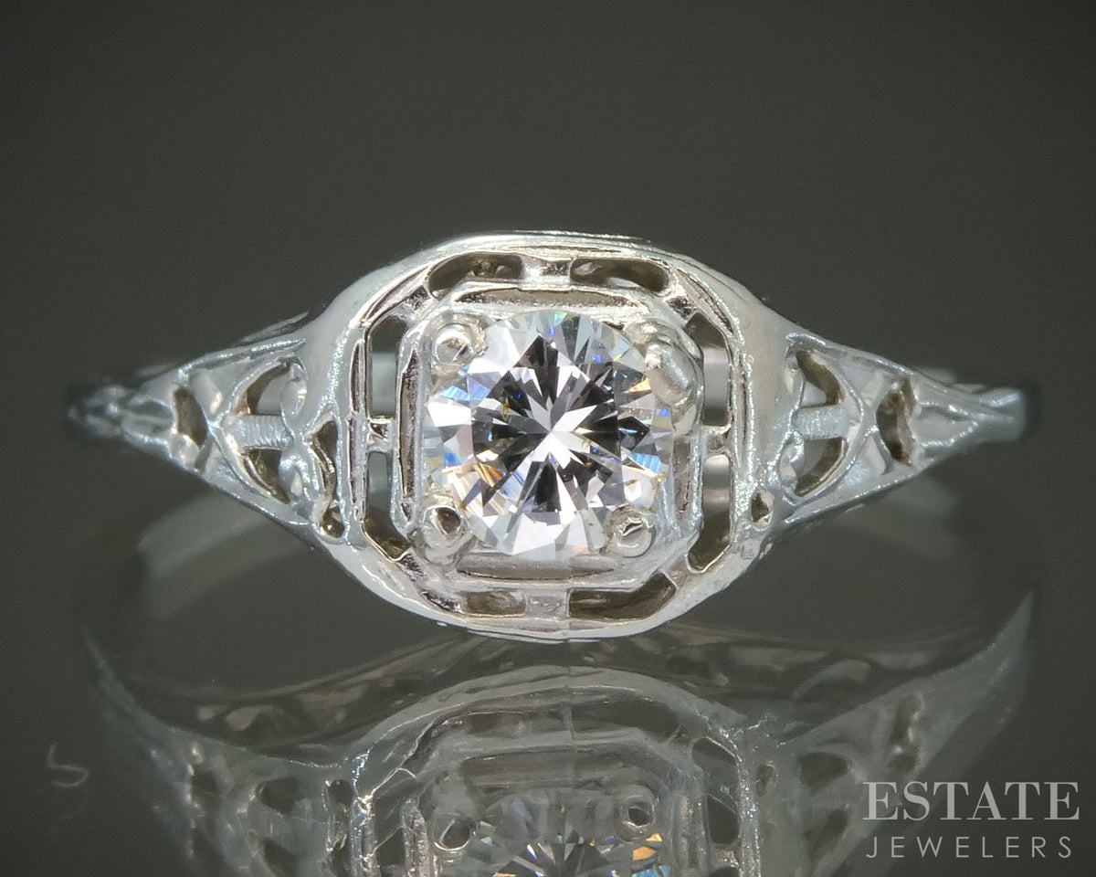 Vintage 14k White Gold Natural .25ct Diamond Filigree Engagement Ring p27675