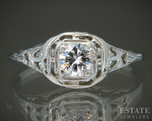 Vintage 14k White Gold Natural .25ct Diamond Filigree Engagement Ring p27675