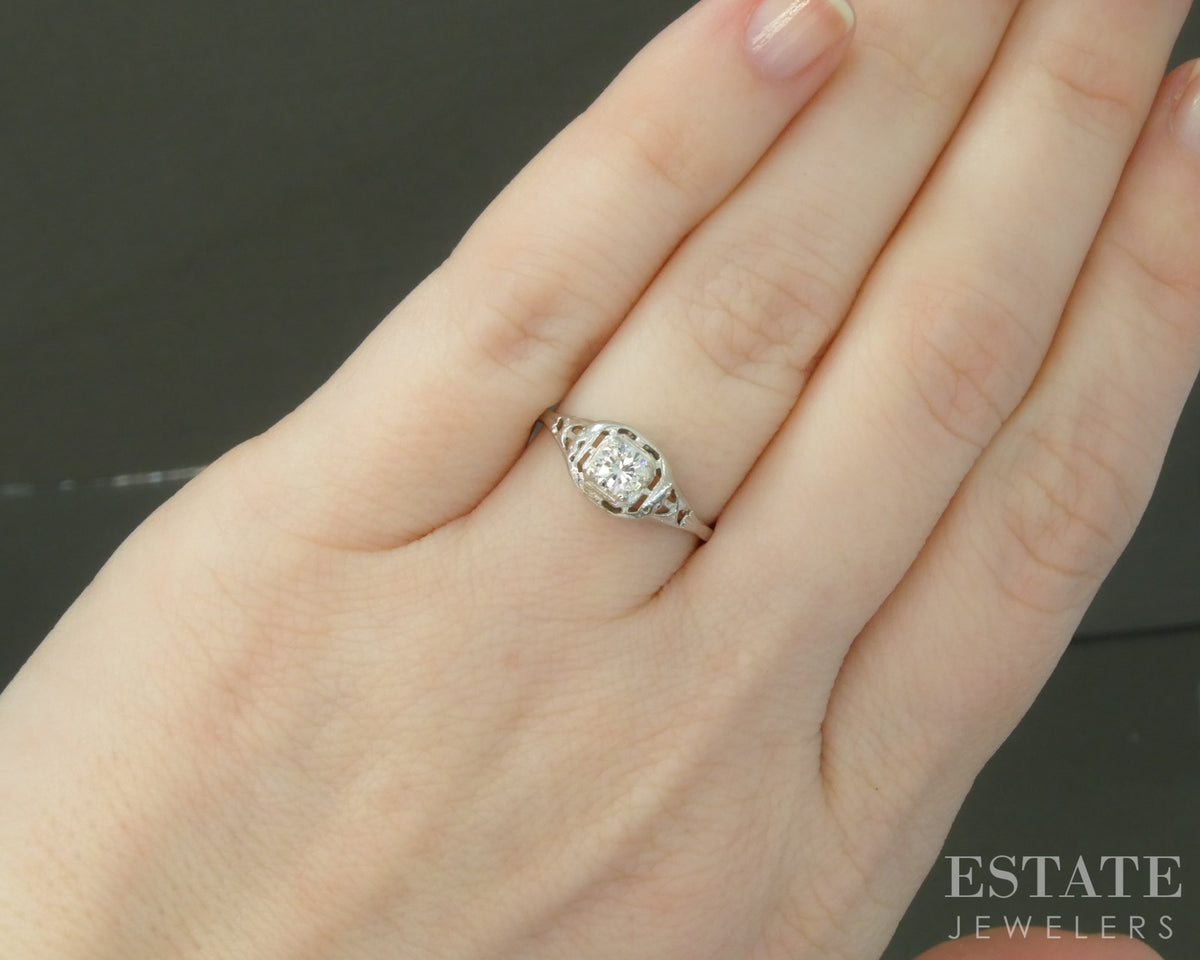 Vintage 14k White Gold Natural .25ct Diamond Filigree Engagement Ring p27675