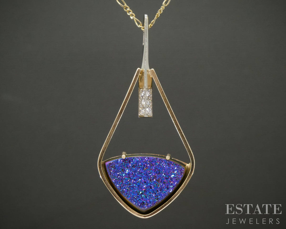 14k Yellow Gold Druzy Quartz & Diamond Custom Necklace 6.3g 18"L p15896